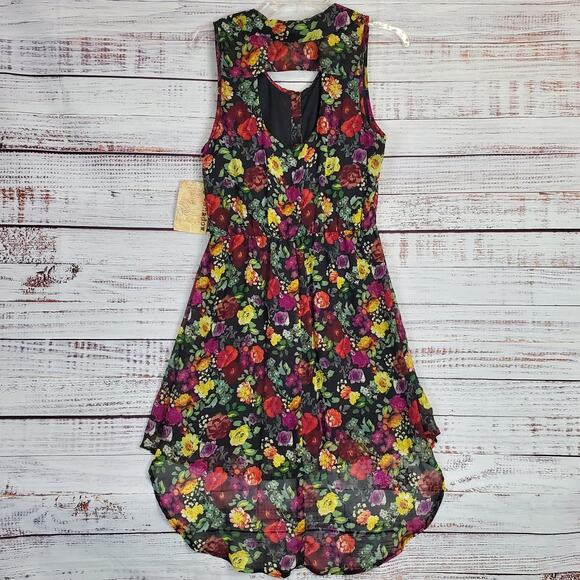 Sleeveless Midi Dress Black w/Floral Print Sz L Tier Asymmetric Whimsy Fairy NWT - Picture 2 of 11